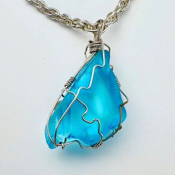 Handmade Wire Wrapped Blue Art Glass Pendant Necklace Drop Accent - Picture 9 of 10